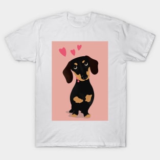 Cute Cartoon Dachshund with Three Pink Hearts T-Shirt